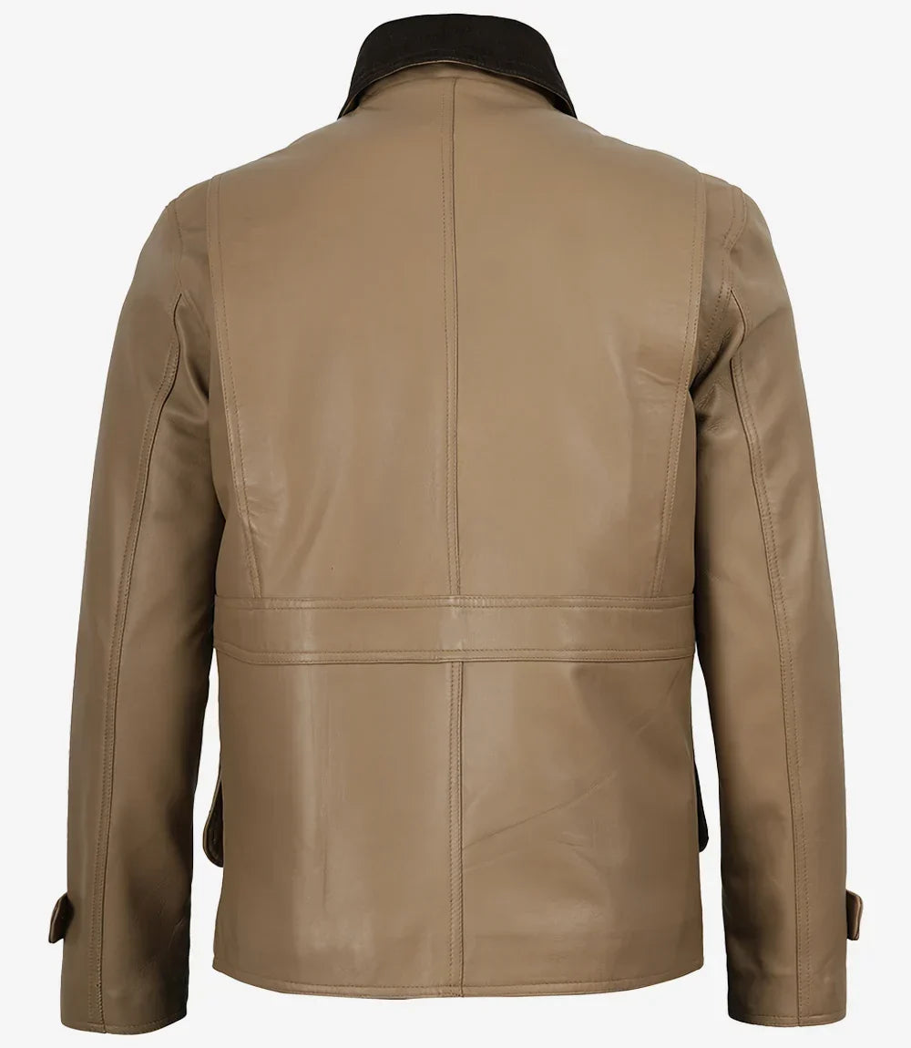 Men's Beige Leather Barn Jacket with Contrast Collar