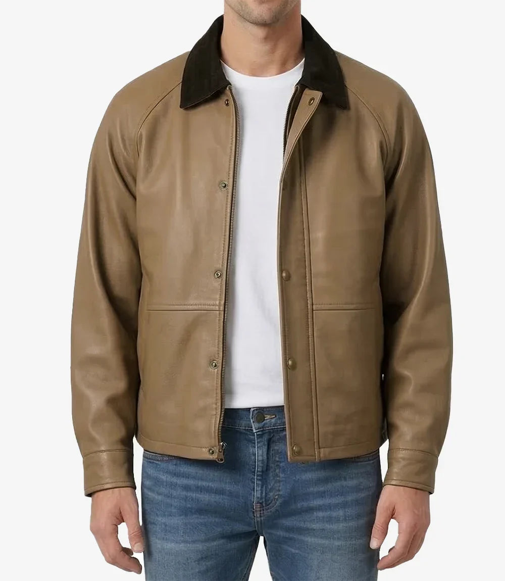 Men's Beige Lambskin Leather Barn Jacket with Raglan Sleeves