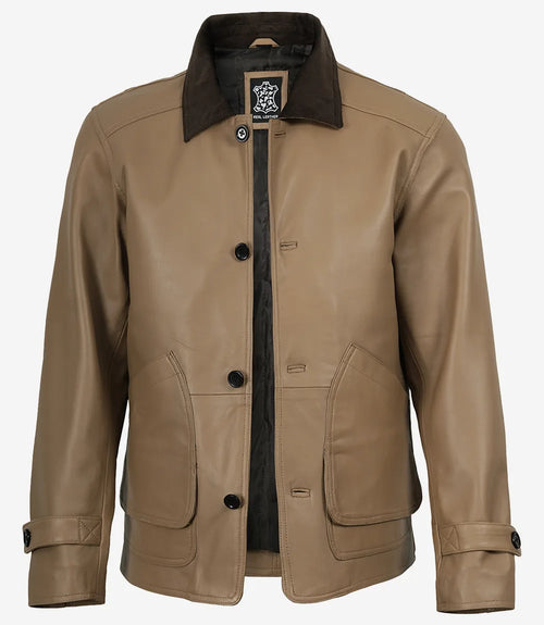 Men's Beige Leather Barn Jacket with Contrast Collar