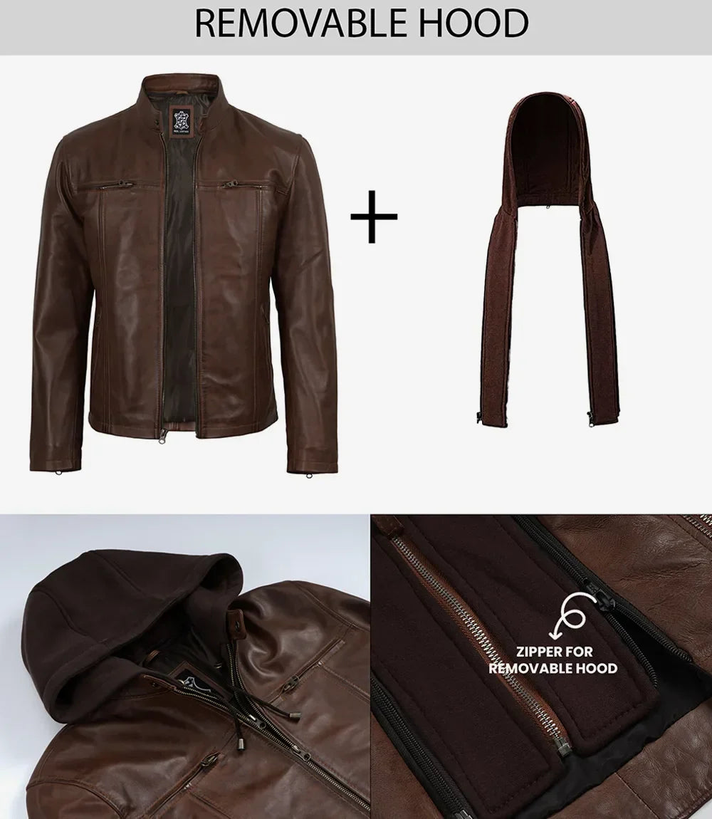 Mens Cognac Waxed Biker Style Leather Jacket with Hood