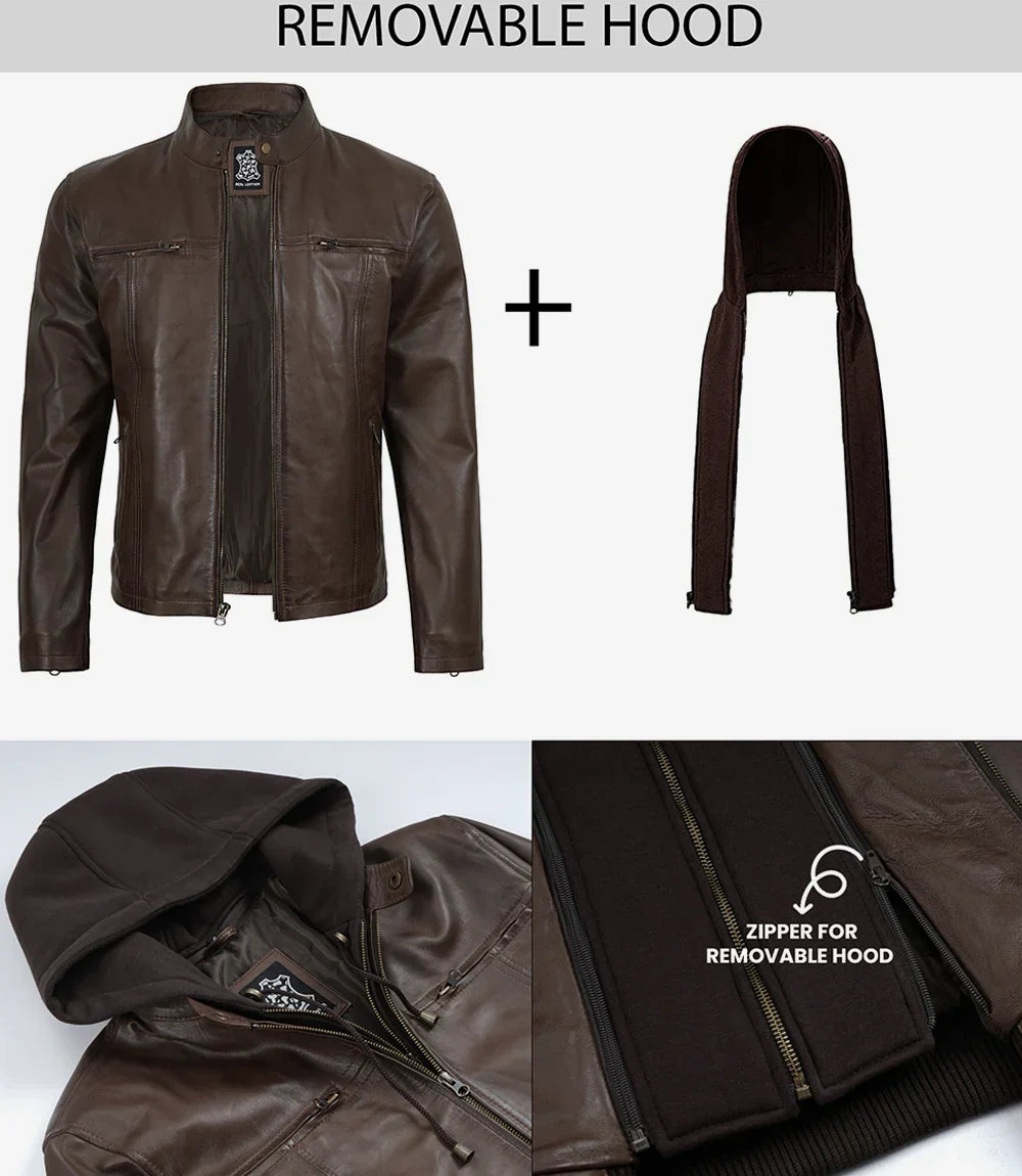 Mens Dark Brown Biker Style Leather Jacket with Hood