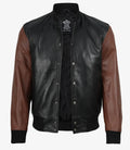 Mens Black and Cognac Bomber Leather Jacket - Letterman Style
