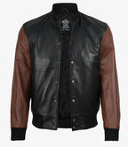 Mens Black and Cognac Bomber Leather Jacket - Letterman Style