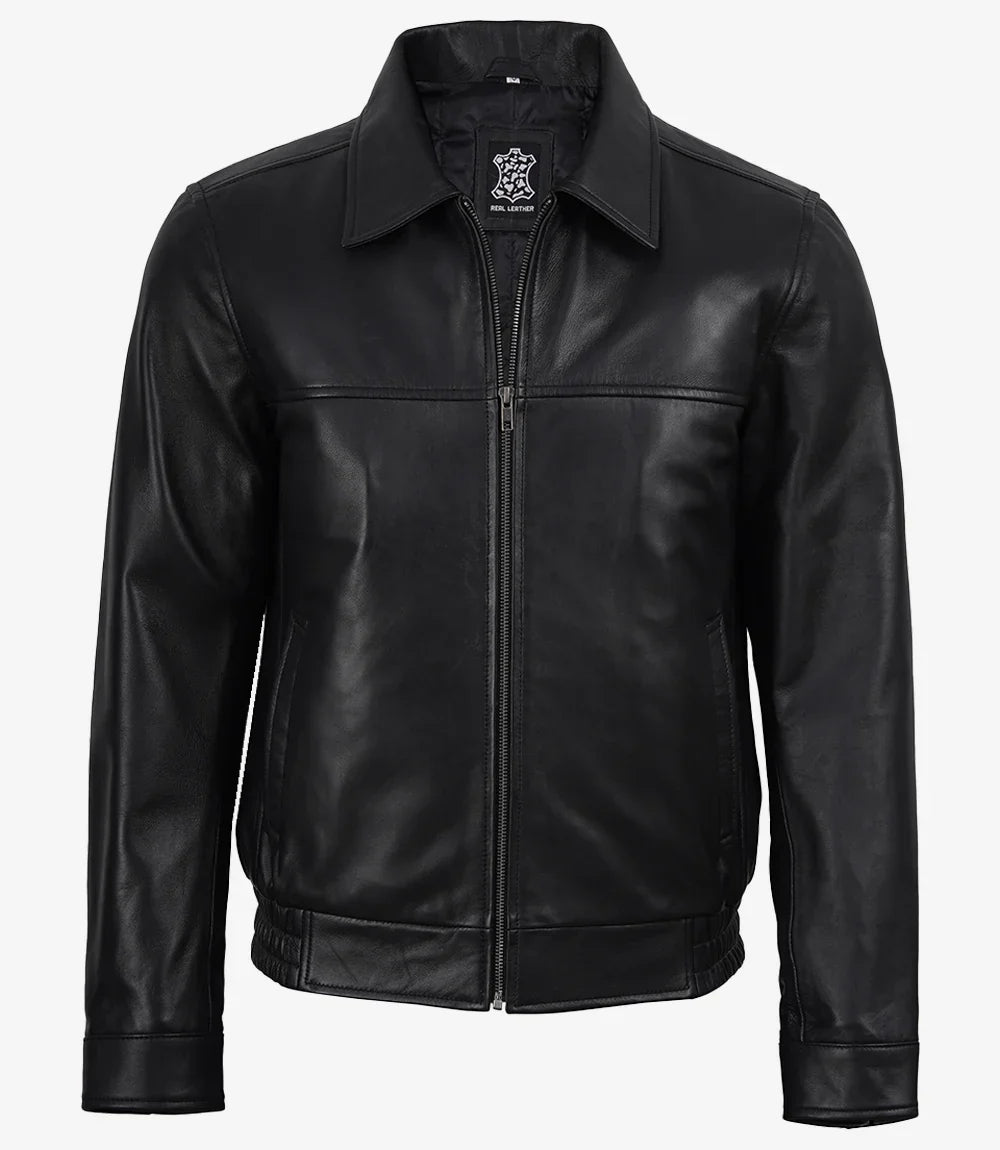 Black Classic Shirt Collar Leather Bomber Jacket for Men