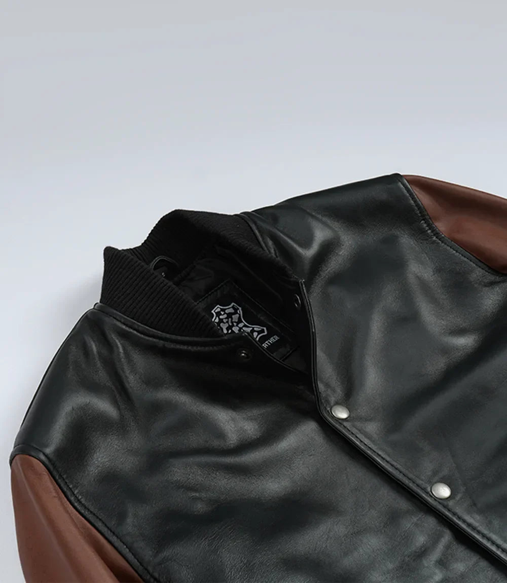 Mens Black and Cognac Bomber Leather Jacket - Letterman Style