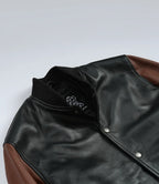 Mens Black and Cognac Bomber Leather Jacket - Letterman Style