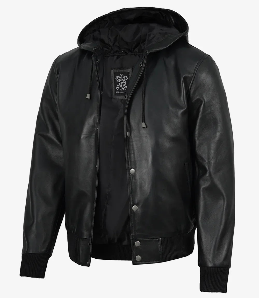 Mens Black Hooded Leather Bomber Jacket - Letterman Style