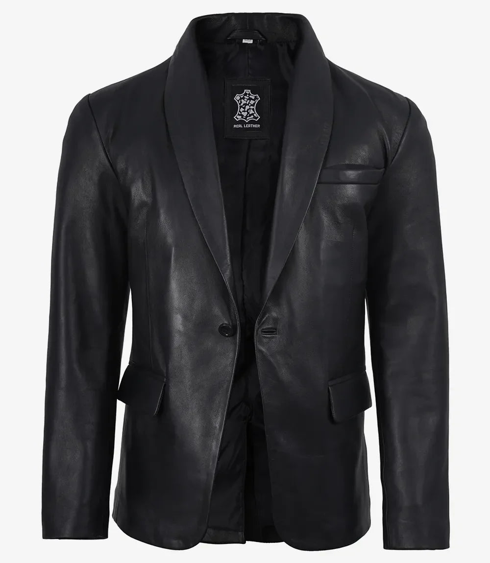 Men's Single Button Black Leather Blazer - Shawl Lapel