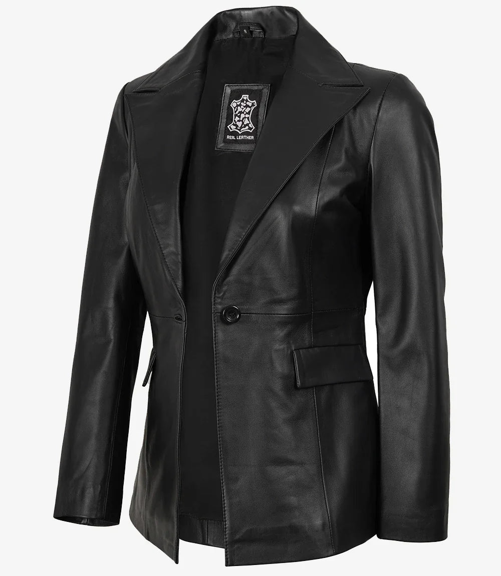 Womens Peak Lapel Black Leather Blazer - Single Button Closure