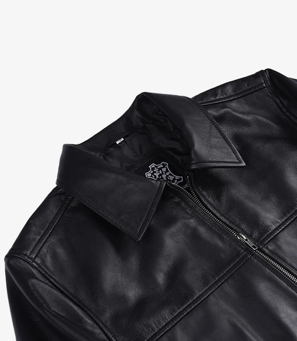 Black Classic Shirt Collar Leather Bomber Jacket for Men