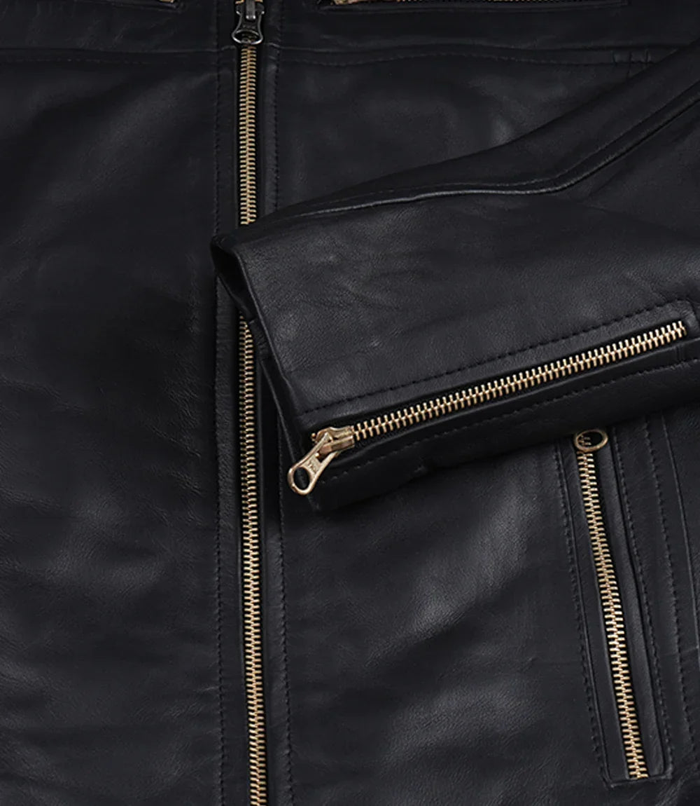 Women's Matte Black Leather Cafe Racer Jacket with Gold Zippers