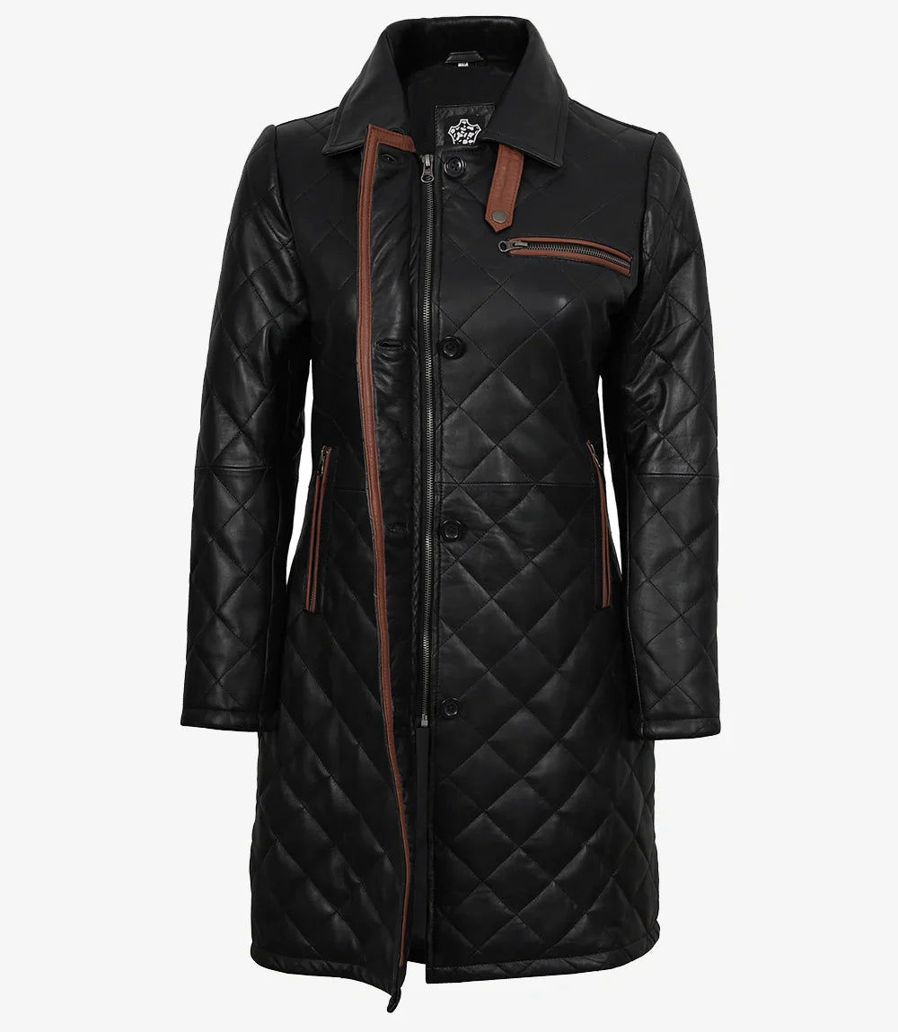 Glen Womens Real Leather Black Quilted Car Coat with Brown Detailing