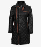 Glen Womens Real Leather Black Quilted Car Coat with Brown Detailing