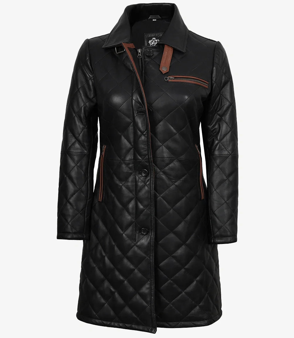 Glen Womens Real Leather Black Quilted Car Coat with Brown Detailing