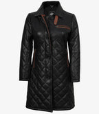 Glen Womens Real Leather Black Quilted Car Coat with Brown Detailing