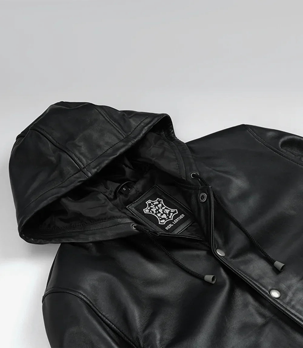 Mens Black Hooded Leather Bomber Jacket - Letterman Style