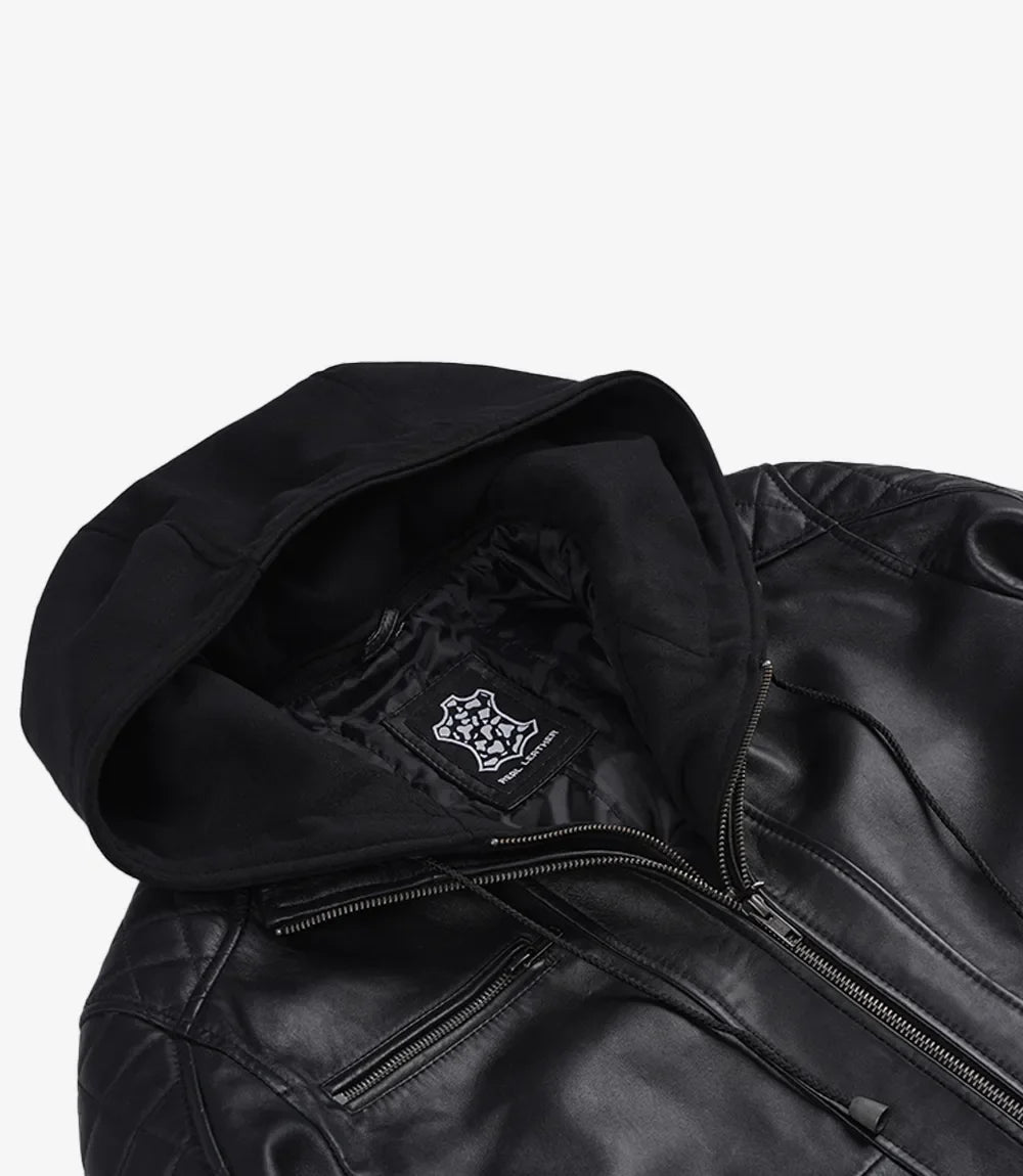 Men's Black Quilted Leather Bomber Jacket with Removable Hood