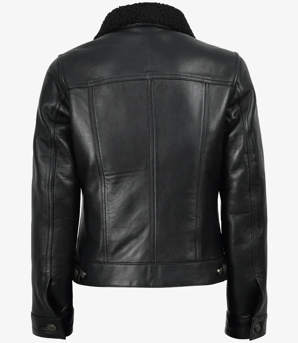 Women's Black Leather Trucker Jacket with Sherpa Lining