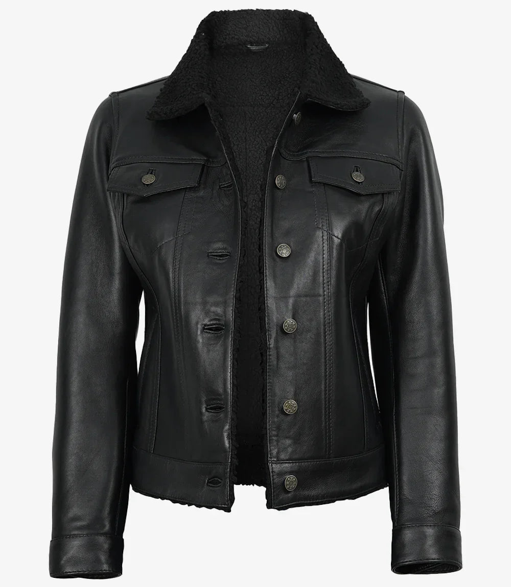 Women's Black Leather Trucker Jacket with Sherpa Lining