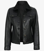 Women's Black Leather Trucker Jacket with Sherpa Lining