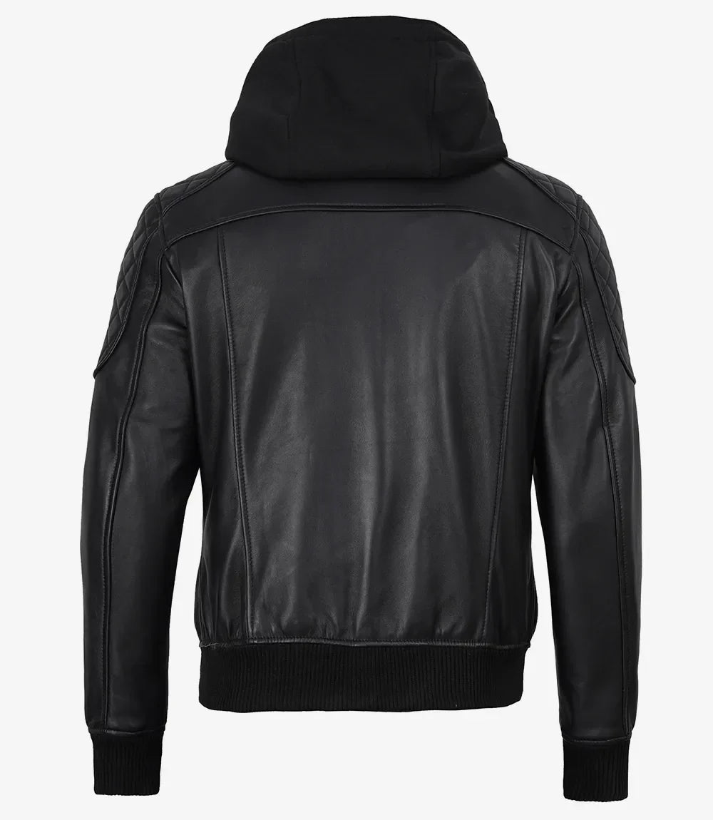 Men's Black Quilted Leather Bomber Jacket with Removable Hood