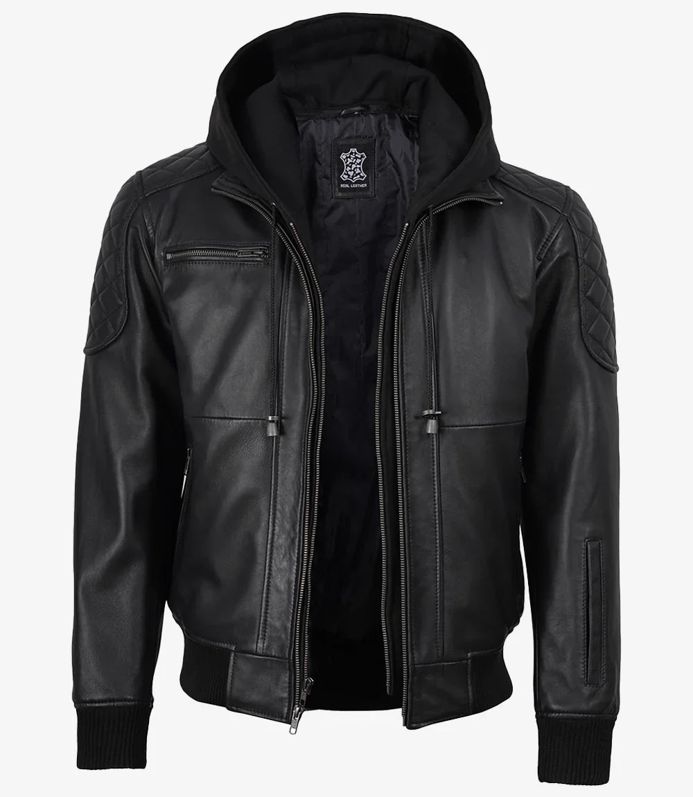 Men's Black Quilted Leather Bomber Jacket with Removable Hood