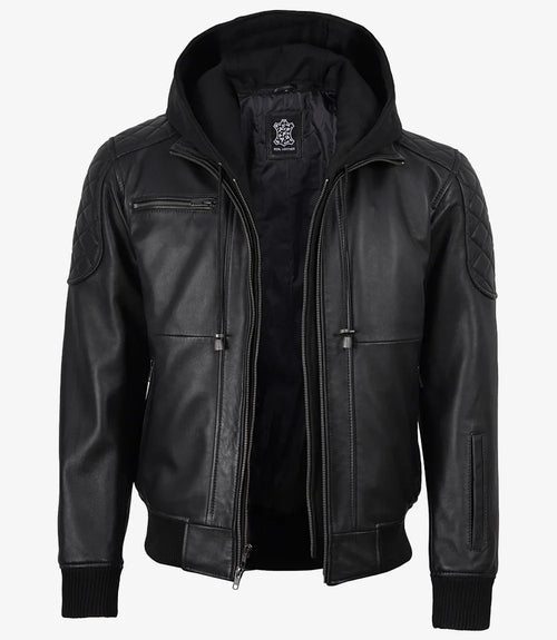 Men's Black Quilted Leather Bomber Jacket with Removable Hood