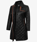 Glen Womens Real Leather Black Quilted Car Coat with Brown Detailing