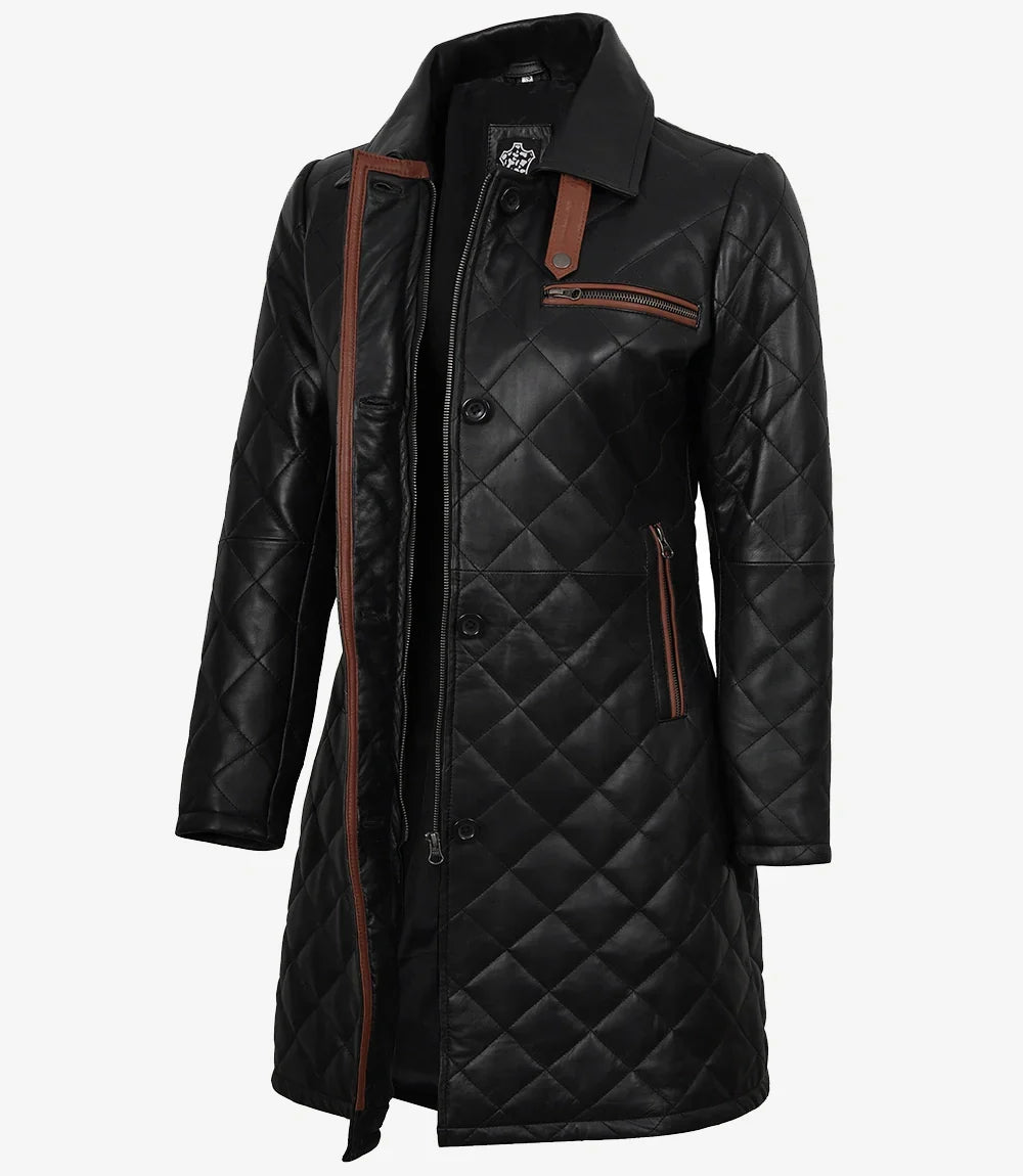 Glen Womens Real Leather Black Quilted Car Coat with Brown Detailing