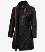 Glen Womens Real Leather Black Quilted Car Coat with Brown Detailing