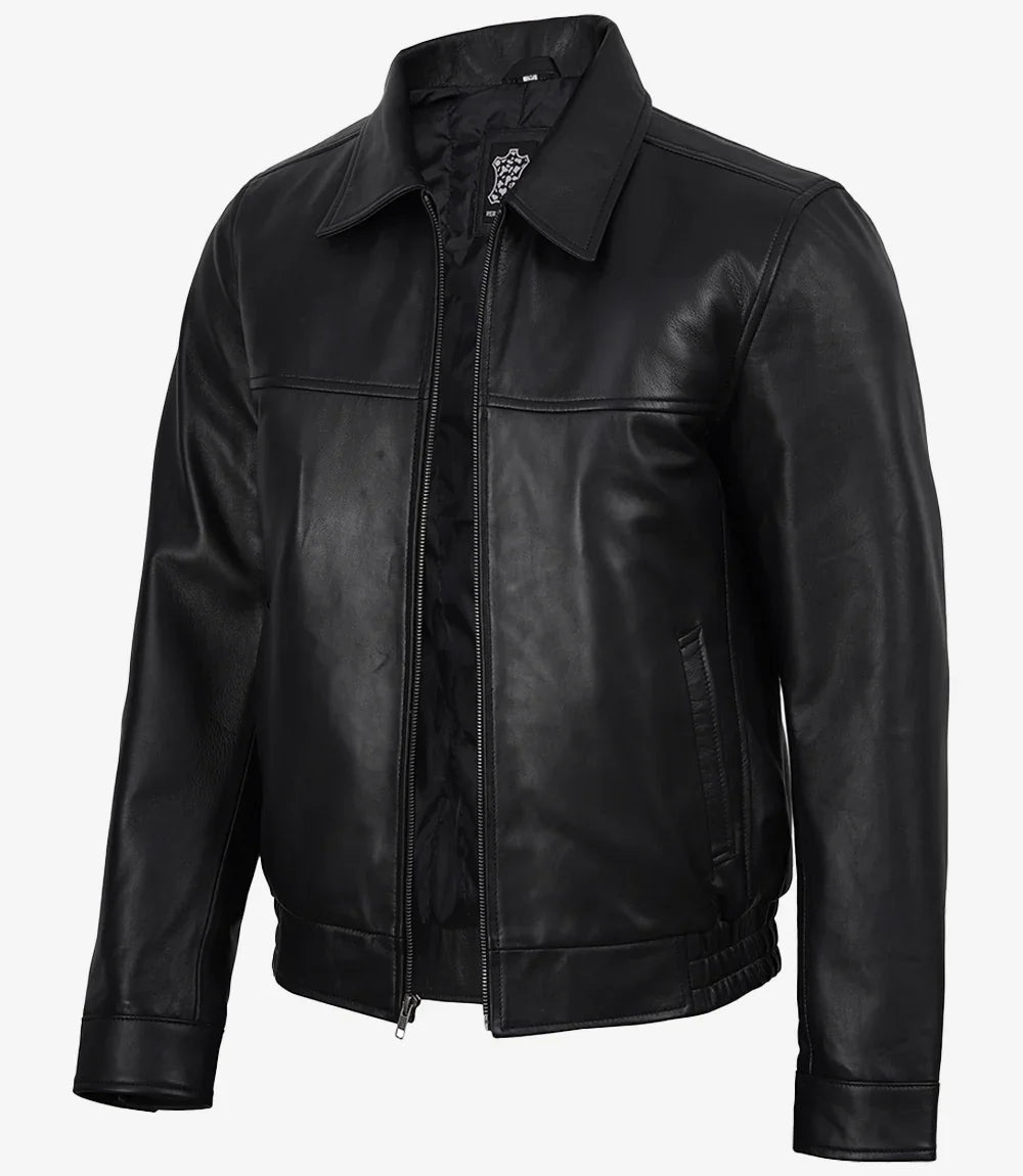 Black Classic Shirt Collar Leather Bomber Jacket for Men