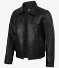 Black Classic Shirt Collar Leather Bomber Jacket for Men
