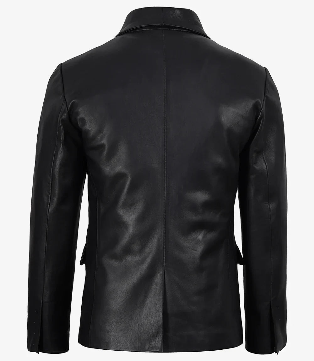 Men's Single Button Black Leather Blazer - Shawl Lapel