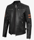 Men's Black Leather Biker Style Jacket with Tan Arm Stripes
