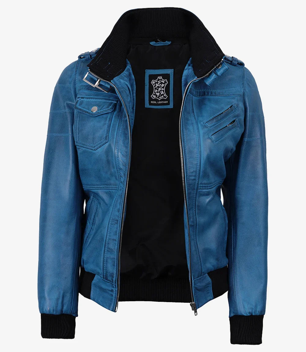 Women's Real Leather Blue Waxed Bomber Jacket with Removable Hood