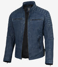 Mens Blue Washed Biker Style Leather Jacket