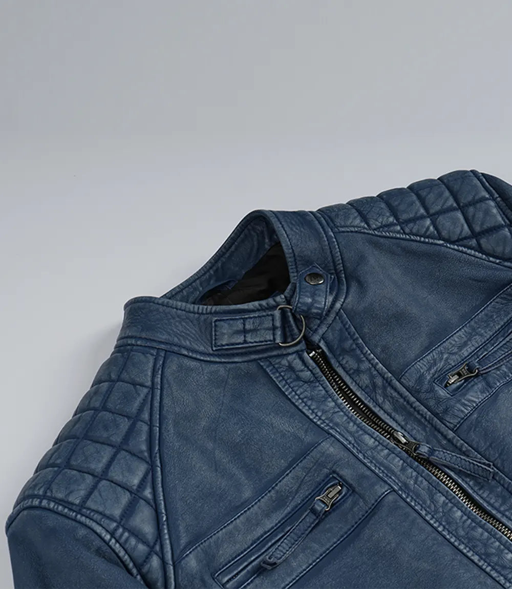 Mens Blue Washed Leather Biker Style Jacket