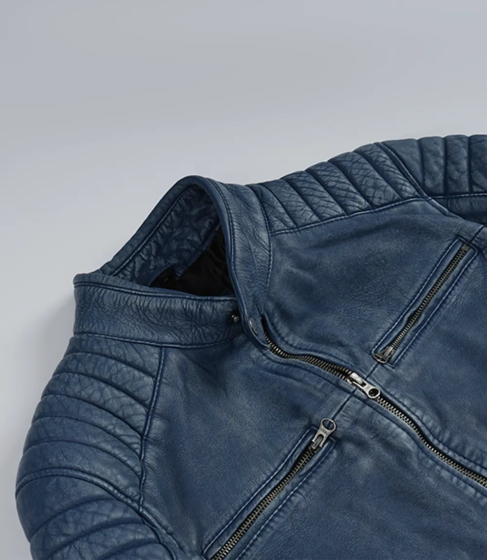 Mens Blue Washed Biker Style Leather Jacket