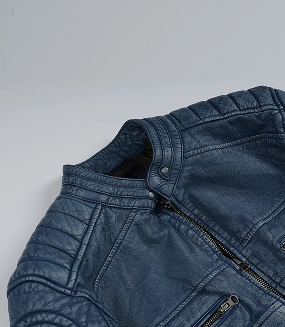 Mens Blue Washed Cafe Racer Leather Jacket