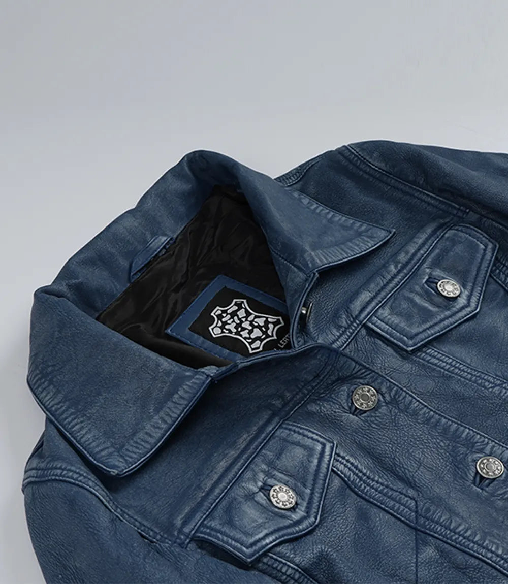 Womens Blue Washed Trucker Leather Jacket