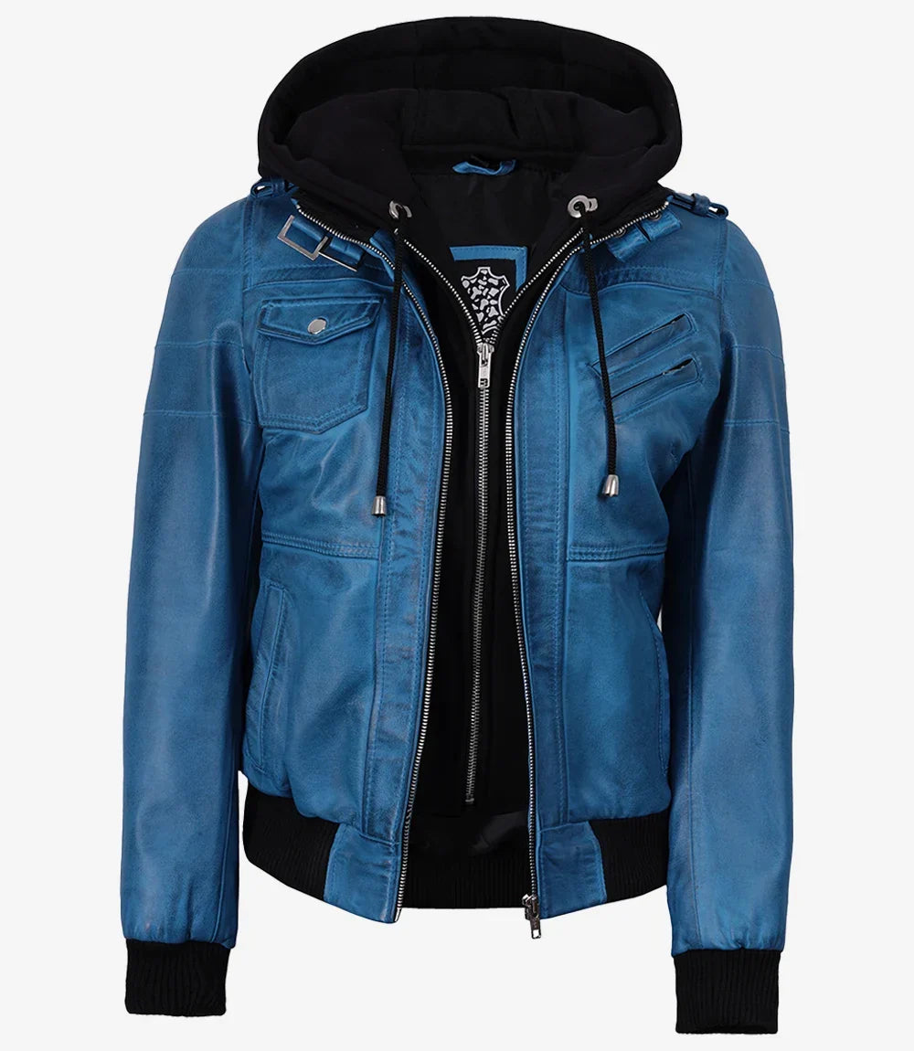 Women's Real Leather Blue Waxed Bomber Jacket with Removable Hood