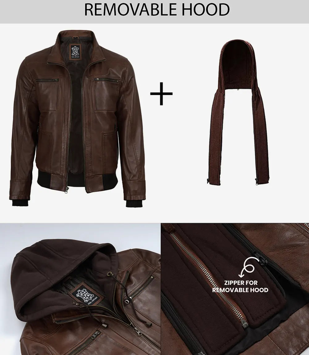 Mens Cognac Waxed Bomber Leather Jacket With Hood