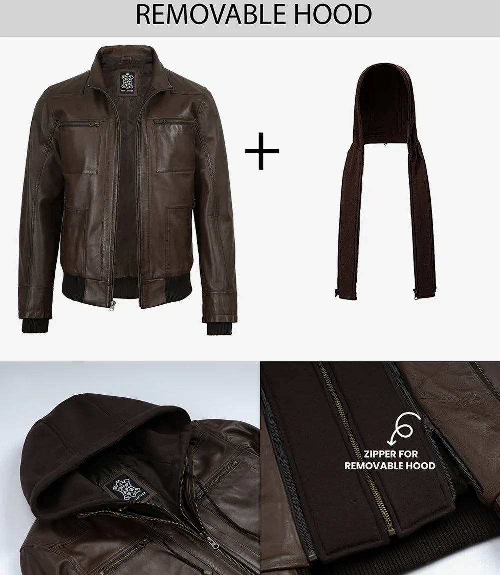 Mens Dark Brown Bomber Leather Jacket With Hood