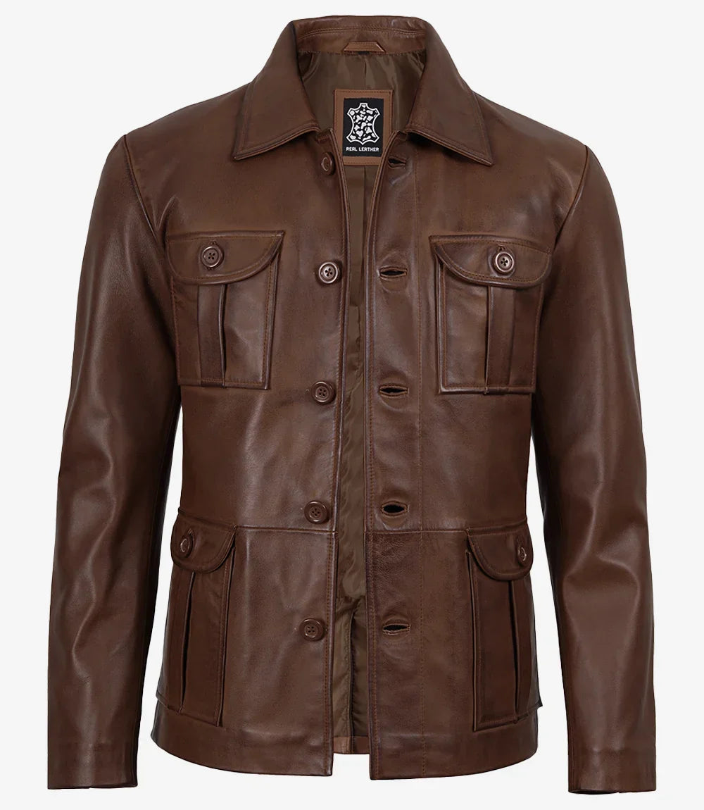 Men's Brown Cognac Wax Utility Leather Field Jacket