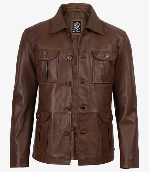 Men's Brown Cognac Wax Utility Leather Field Jacket