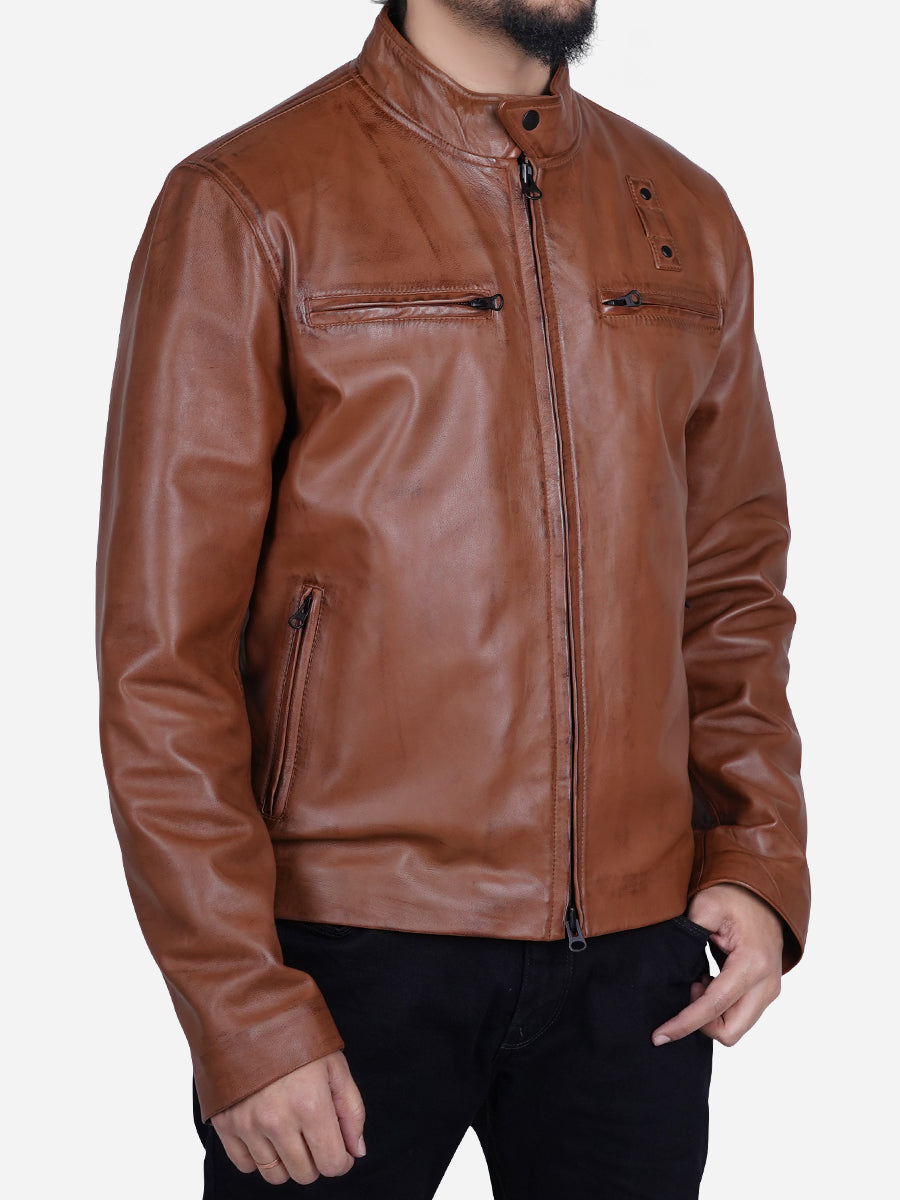 Jakub Men's Distressed Brown Motorcycle Leather Jacket Daroosh
