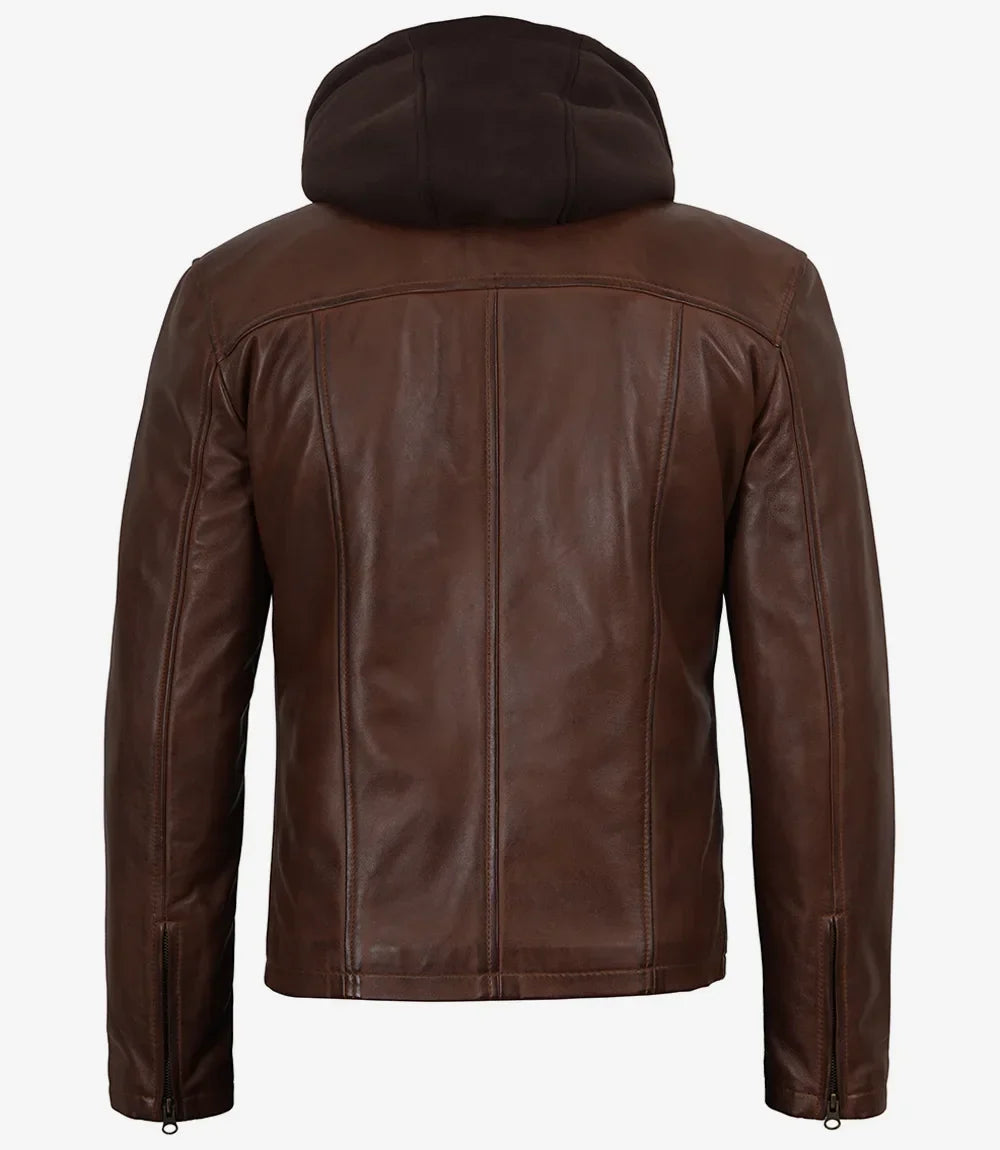 Mens Cognac Waxed Biker Style Leather Jacket with Hood