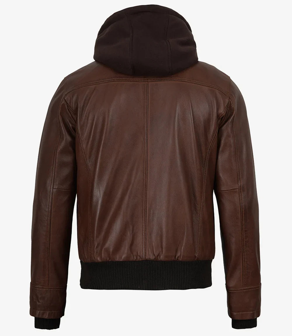 Mens Cognac Waxed Bomber Leather Jacket With Hood