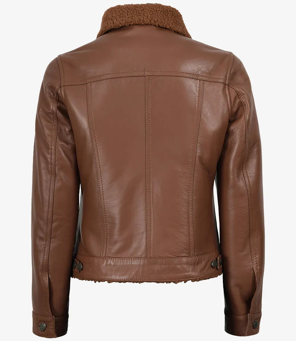 Women's Cognac Leather Trucker Jacket with Sherpa Lining