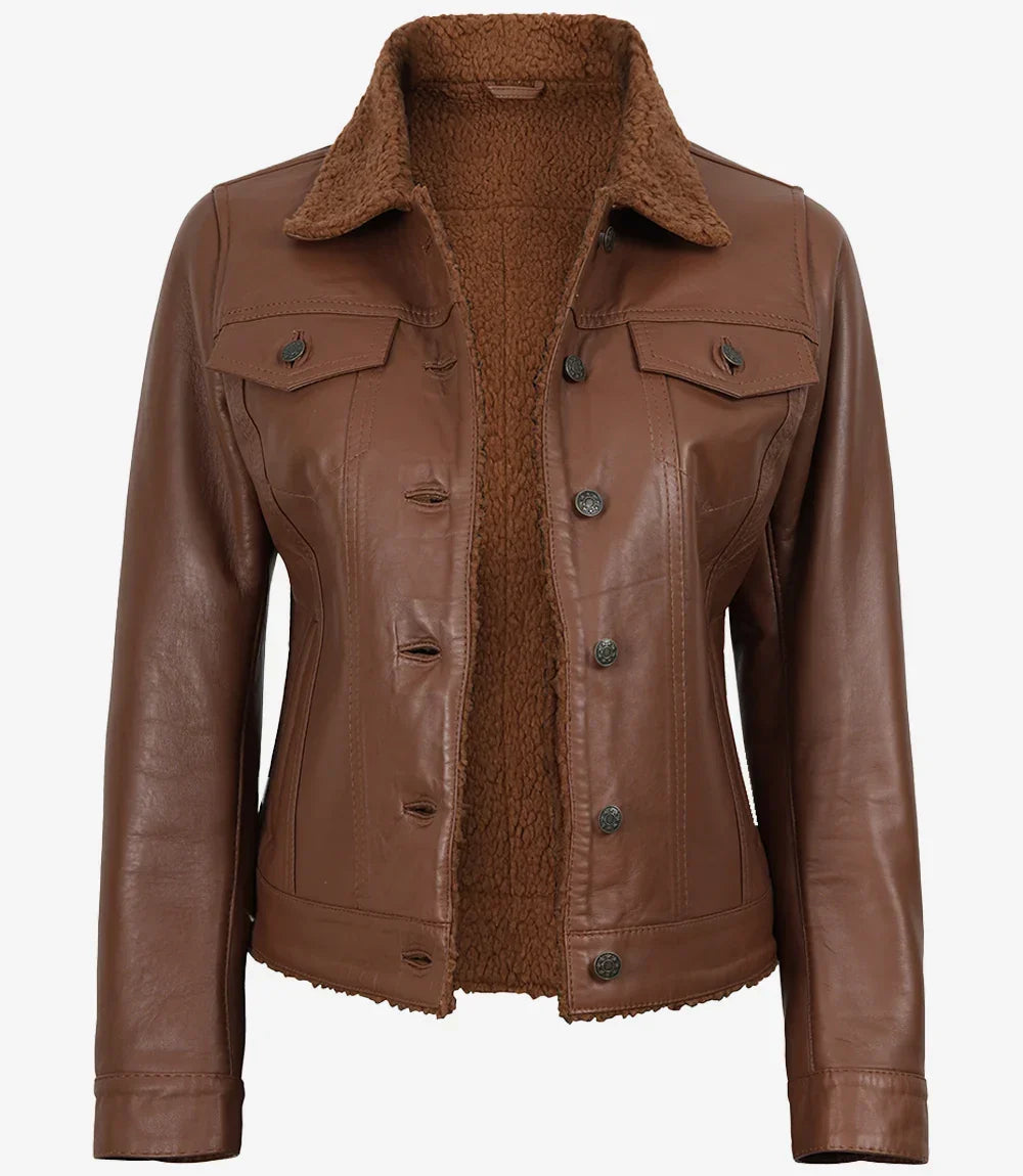 Women's Cognac Leather Trucker Jacket with Sherpa Lining